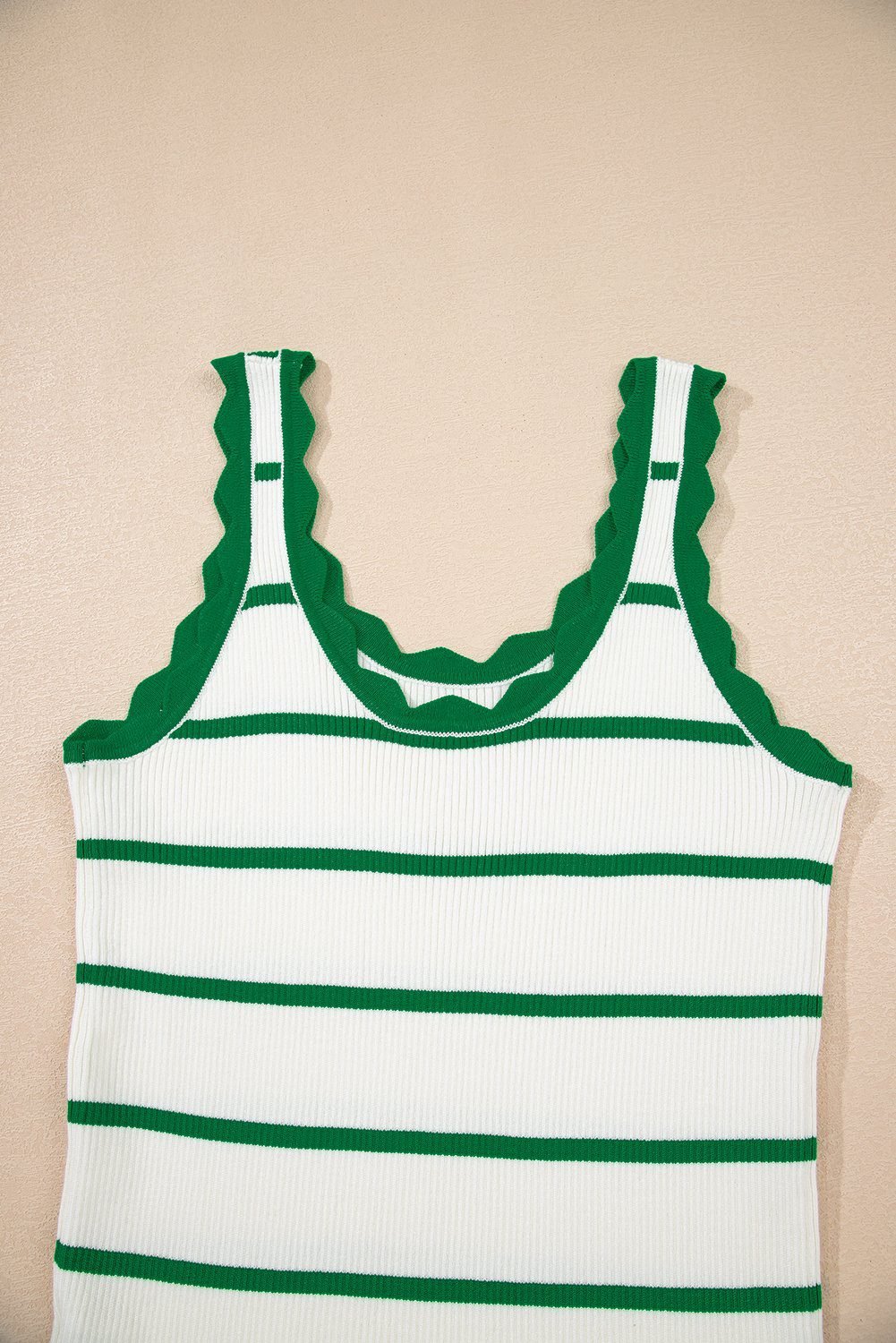 Bright Green Striped Scalloped Edge U Neck Sleeveless Sweater Vest