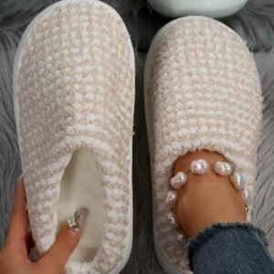 Pale Khaki Two-Tone Knitted Warm Homewear Slippers