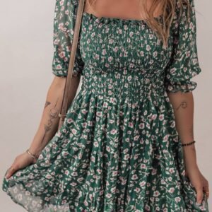 Green Smocked Square Neck Puff Short Sleeve Floral Dress