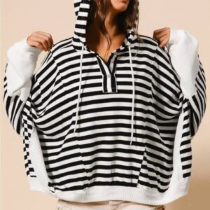 Black White Oversized Striped Henley Buttons Dolman Sleeve Hooded Top