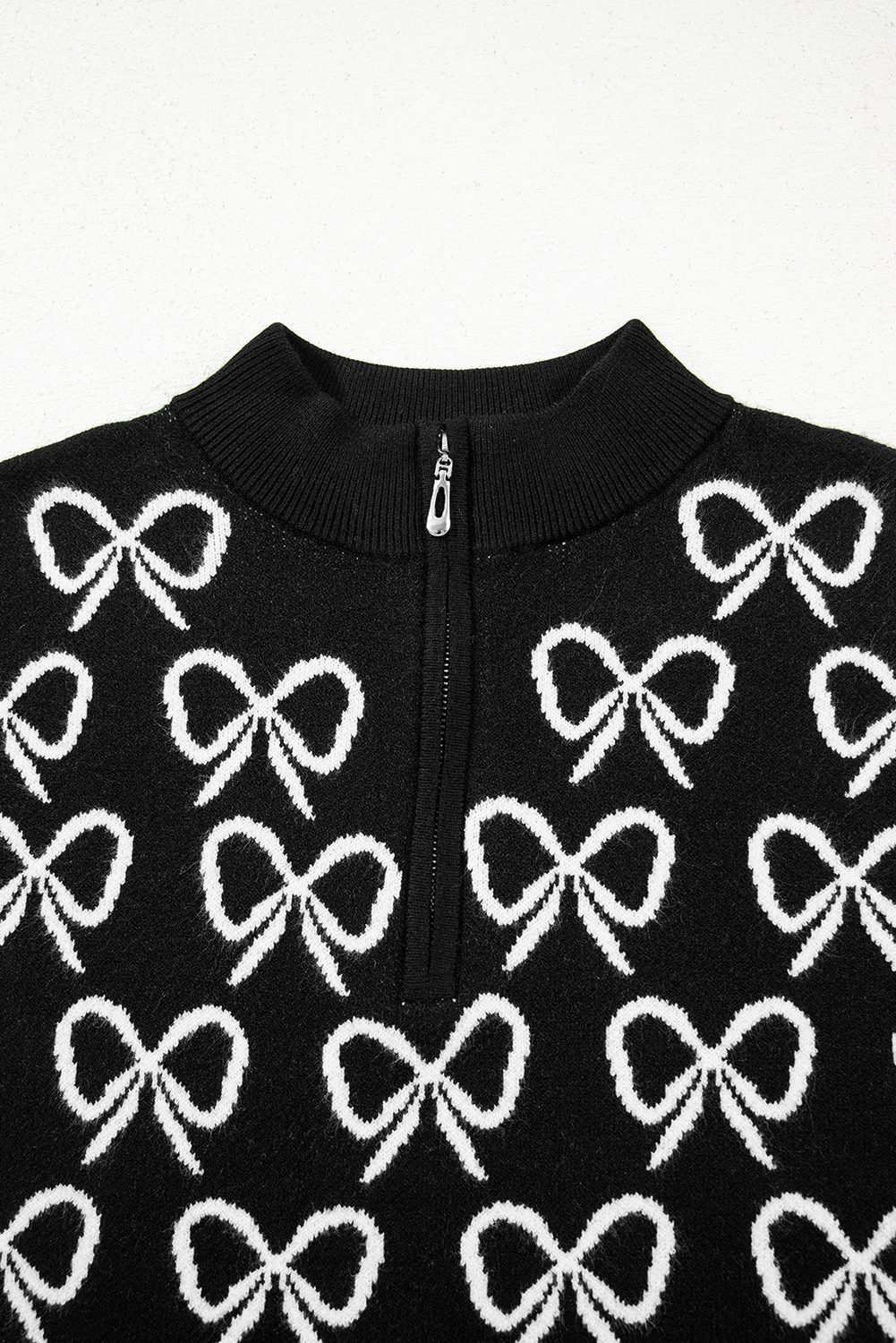 Black Cute Bow Pattern Drop Shoulder Zipped Collar Sweater