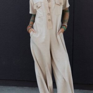 Beige Half Placket Chest Pockets Short Sleeve Wide Leg Jumpsuit