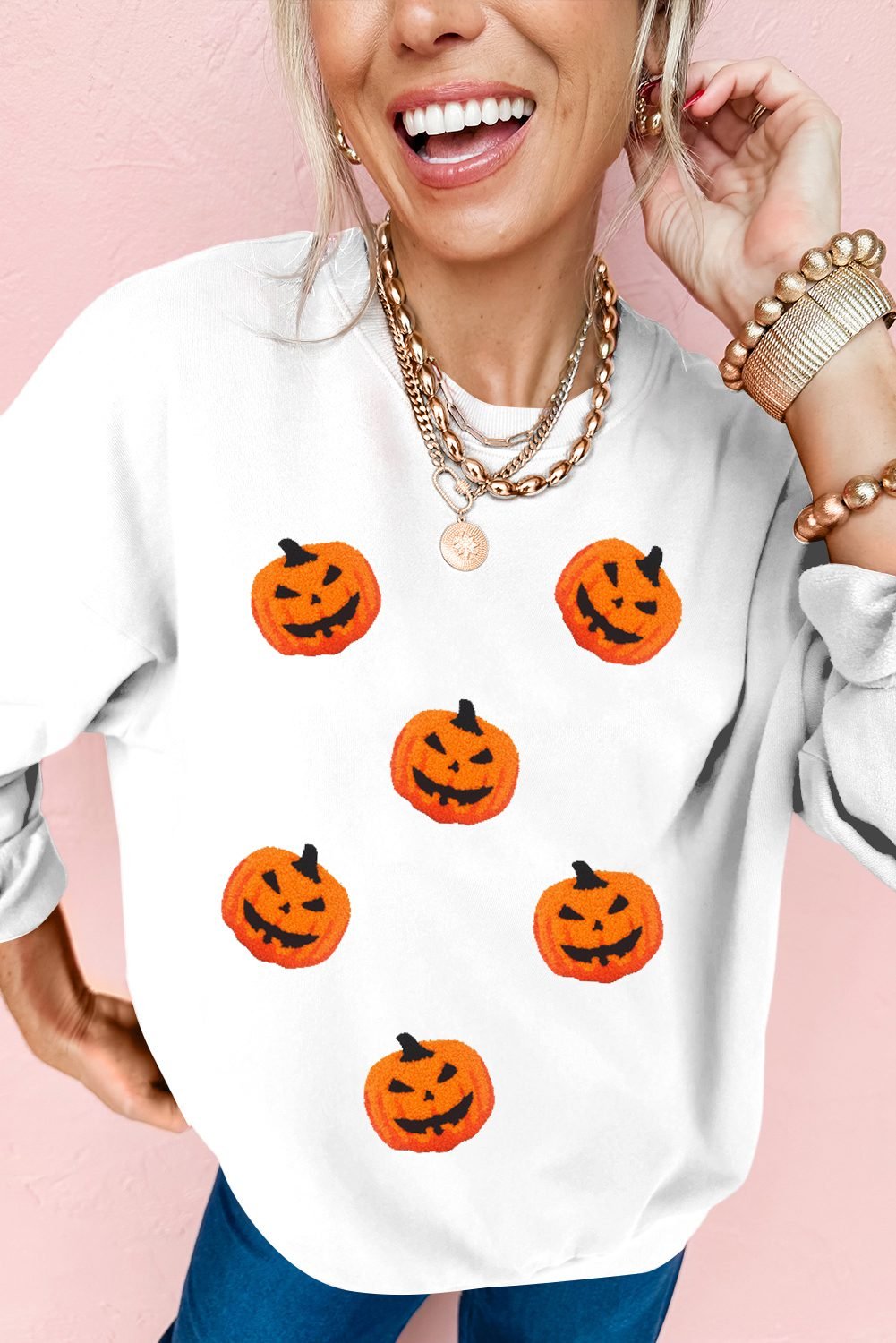 White Pumpkin Face Patched Pattern Halloween Crew Neck Sweatshirt