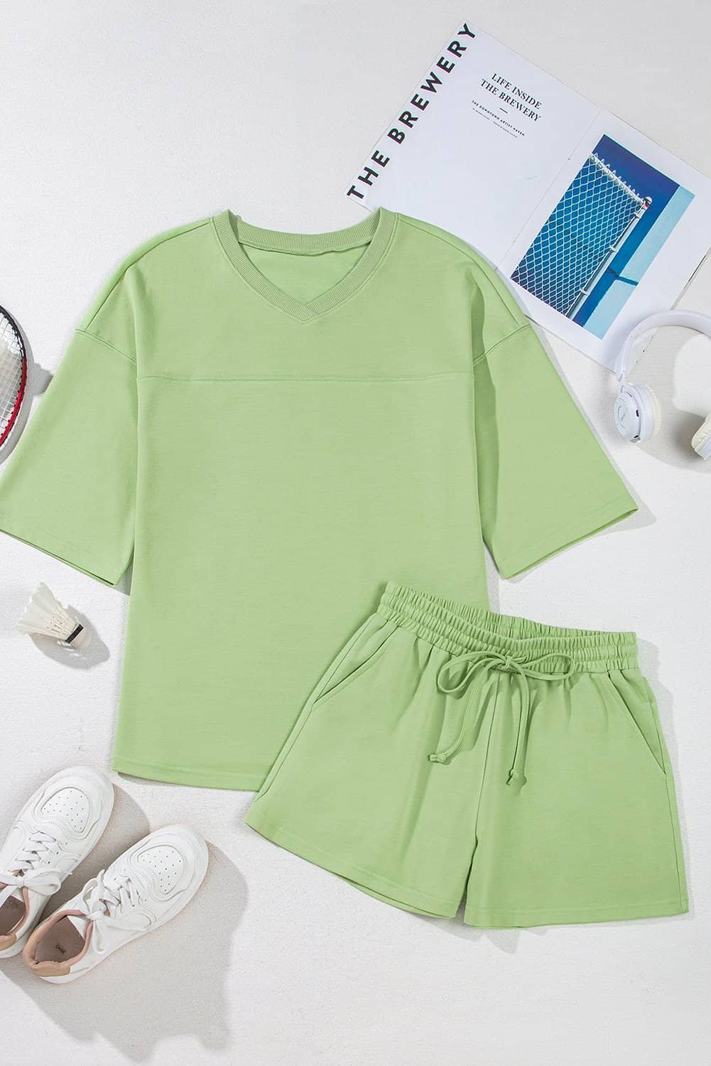 Meadow Mist Green Solid Loose V Neck Half Sleeve Tee And Shorts