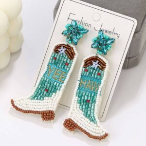 Light Blue Cowboy Boots Rice Bead Dangle Earrings