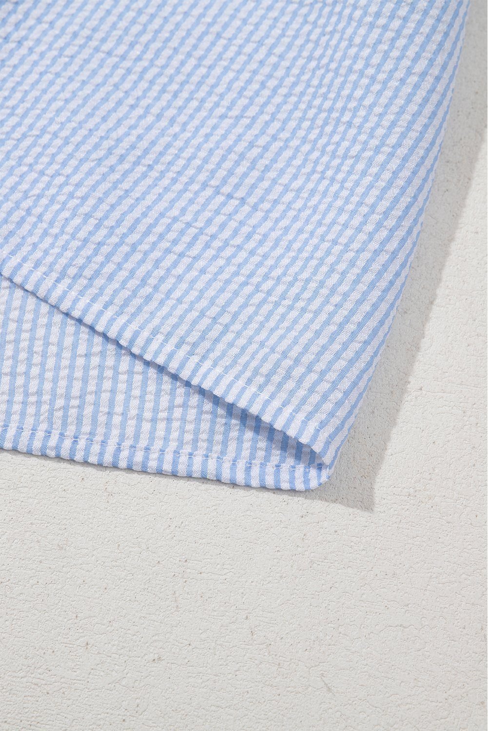 Beau Blue Striped Ruffle Short Bubble Sleeve Shirt