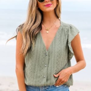 Laurel Green Flutter Sleeve Lace V Neck Shirt