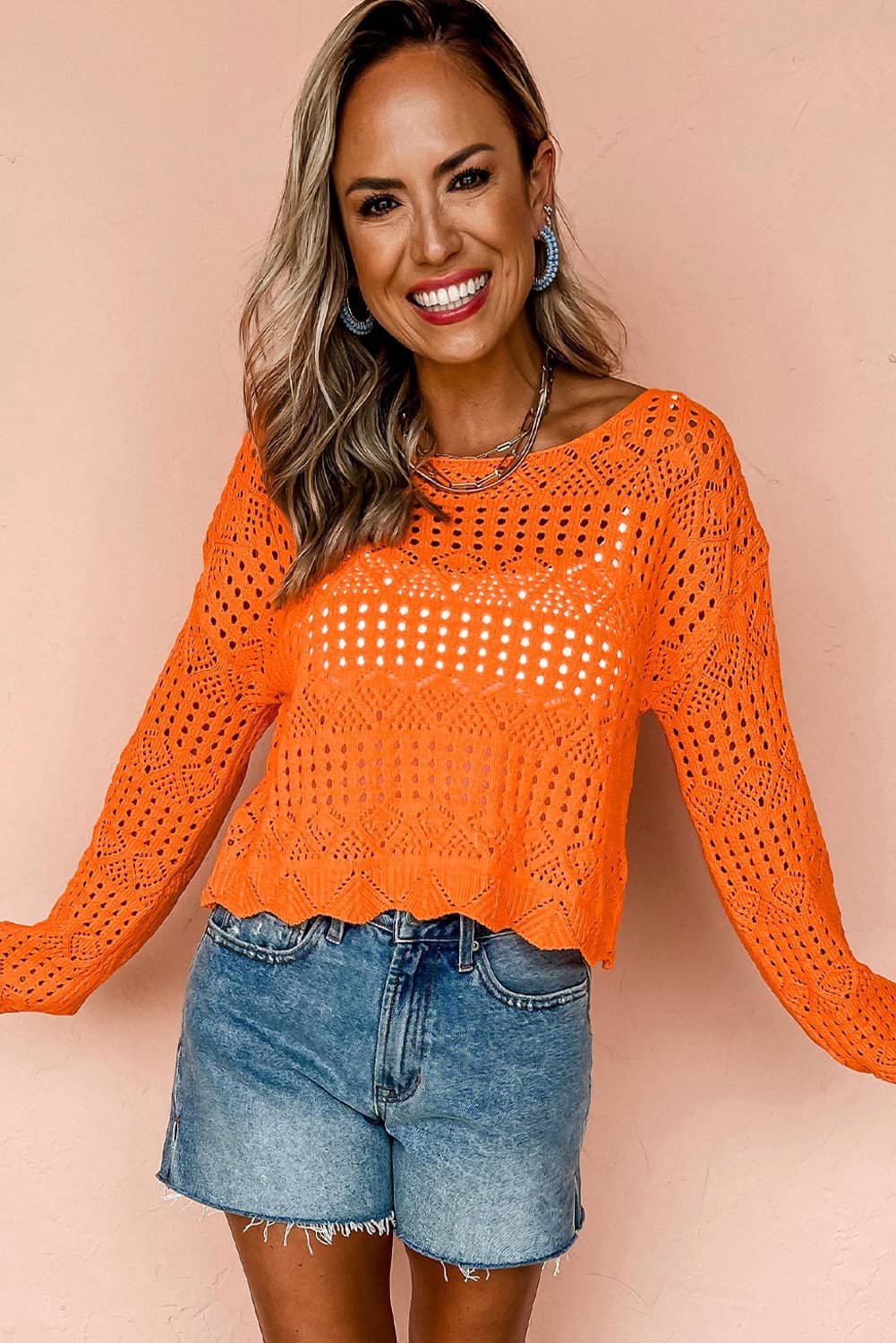 Carrot Solid Color Open Crochet Scallop Edge Sweater