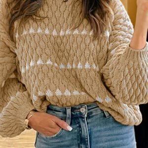 Pale Khaki Contrast Detail Textured Knit Puff Sleeve Baggy Sweater