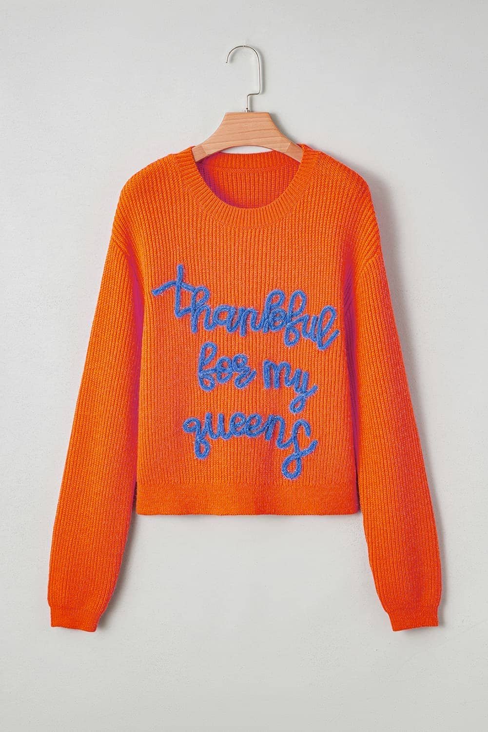 Vitality Orange Thankful For My Queens Ribbed Knit Drop Shoulder Graphic Sweater