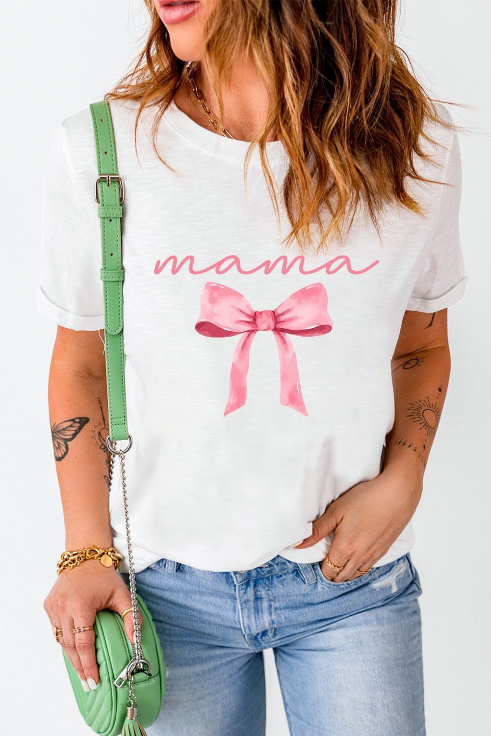 White Mama Bowknot Graphic Crewneck Tee