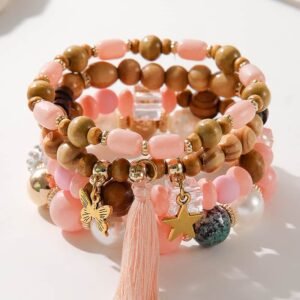 Pink 4Pcs Butterfly Star Pendant Tassel Beaded Bracelet Set