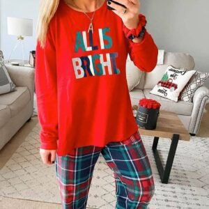 Multicolor All Is Bright Graphic Christmas Plaid Pajamas Set