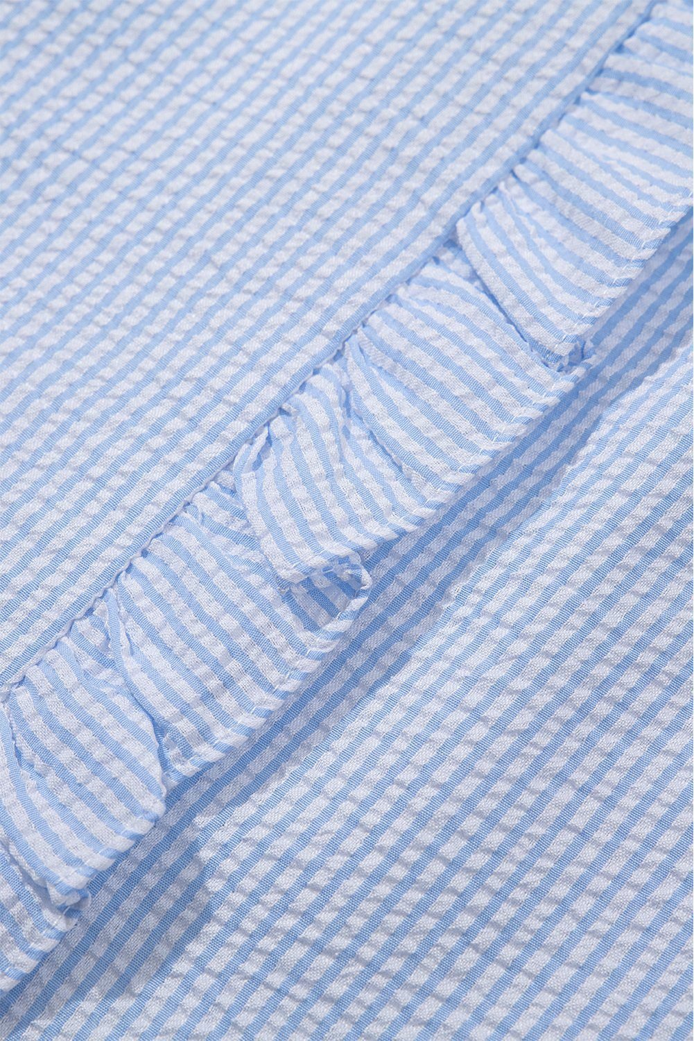 Beau Blue Striped Ruffle Short Bubble Sleeve Shirt