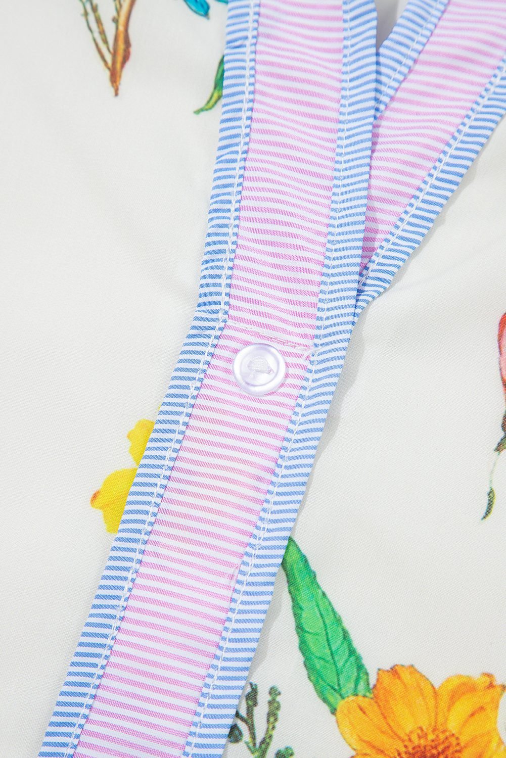 White Floral Print Contrast Striped Patchwork Short Puff Sleeve Dress