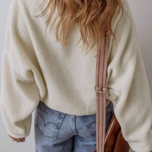 White Fleece Placket Turn-Down Collar Drop Shoulder Sweatshirt