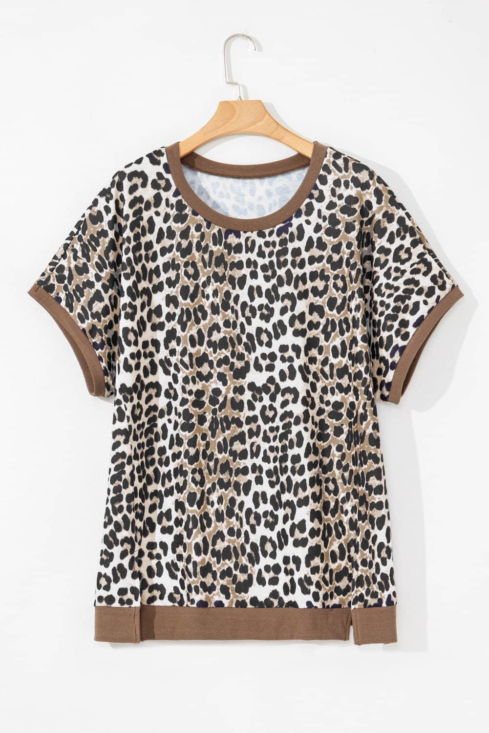 Khaki Leopard Contrast Trim Short Sleeve Loose Plus Size Top