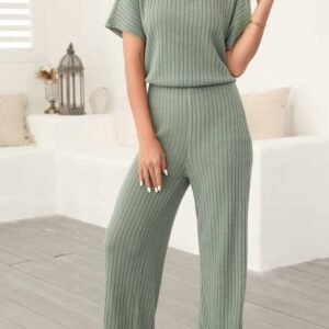 Laurel Green Ribbed Keyhole Short Sleeve Wide Leg Jumpsuit