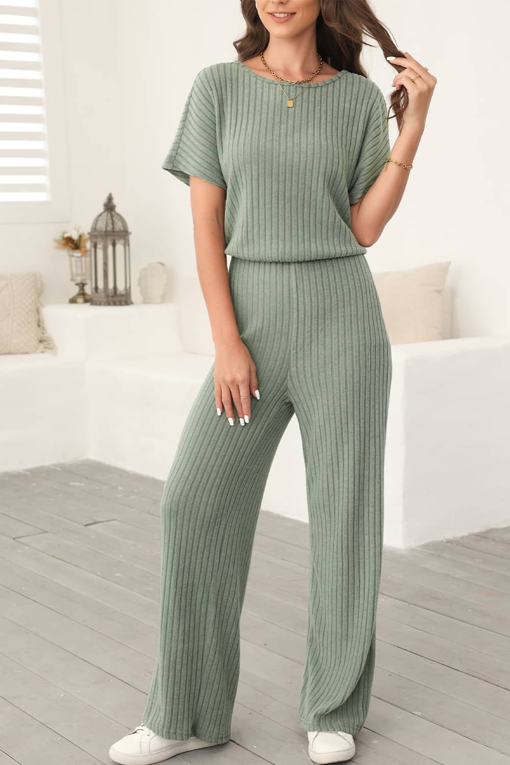 Laurel Green Ribbed Keyhole Short Sleeve Wide Leg Jumpsuit