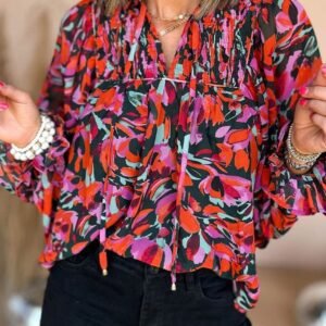 Red Dahlia Abstract Floral Shirred Detail Puff Sleeve Blouse
