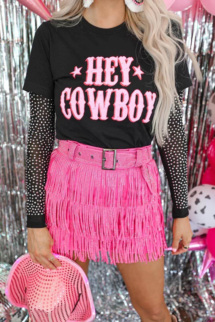 Black Hey Cowboy Letters Crew Neck T-Shirt