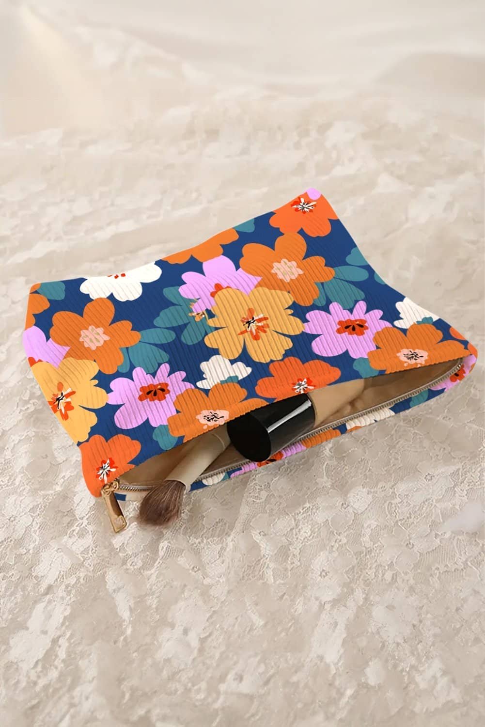 Ashleigh Blue Flower Print Zipper Corduroy Large Cosmetic Bag