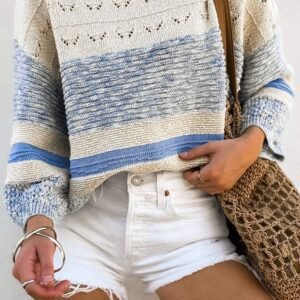 Light Blue Open Stitch Puff Sleeve Sweater
