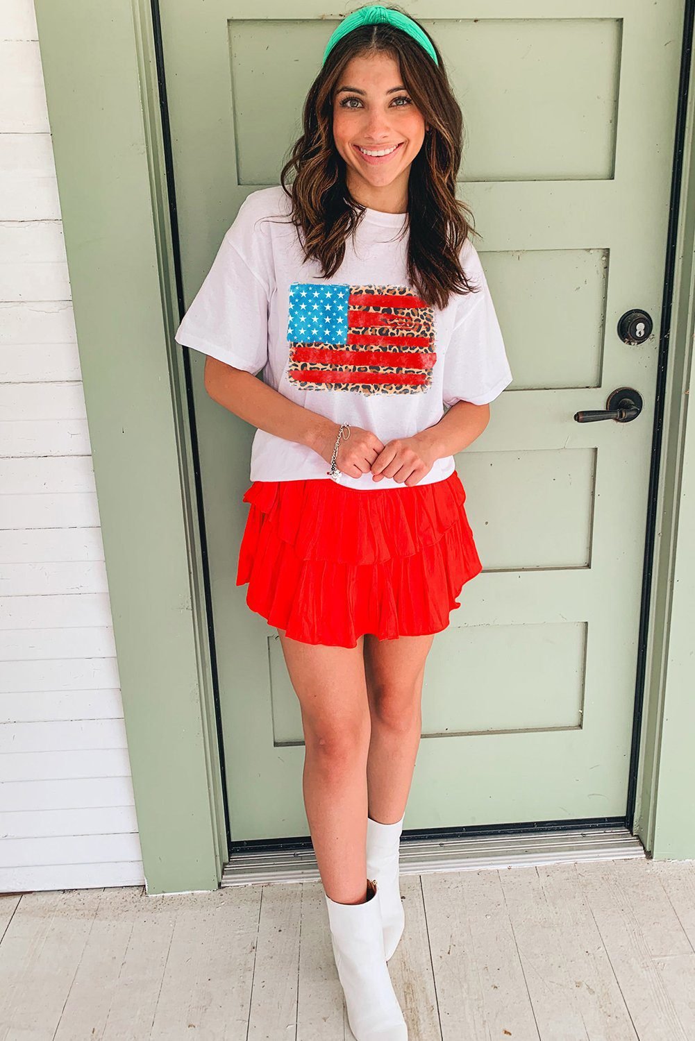 White Leopard Insert American Flag Pattern Cotton Blend T Shirt