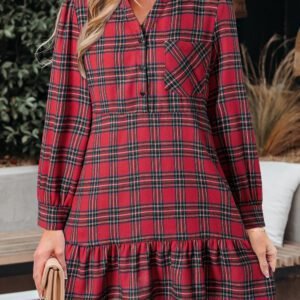 Red Plaid Shirt Collar Half Button Ruffle Hem Long Sleeve Mini Dress