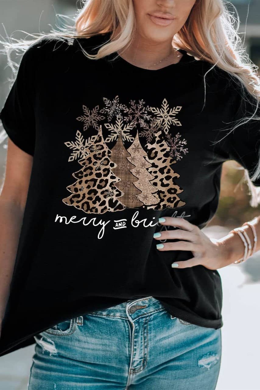 Black Leopard Christmas Tree Graphic Print Crew Neck T Shirt