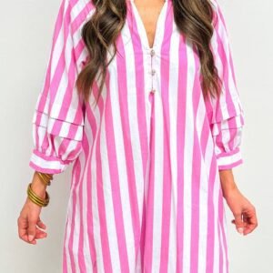 Rose Stripe Bracelet Sleeve Buttons Loose Mini Dress