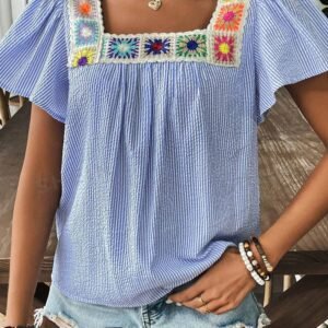 Sky Blue Stripe Textured Ruffle Short Sleeve Boho Detail Square Neck Blouse