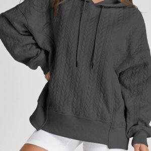 Gray Cable Textured Baggy Solid Hoodie