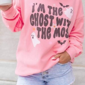 Pink Halloween Slogan Ghost Bat Graphic Drop Shoulder Sweatshirt