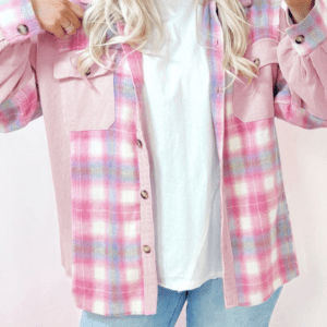 Pink Brushed Plaid Corduroy Flap Pockets Patchwork Shacket