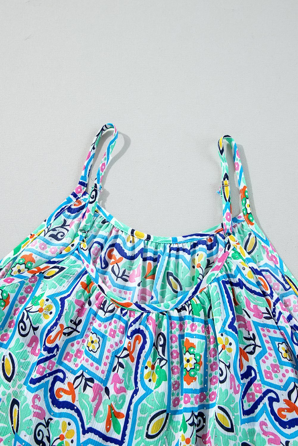 White Rhinestone Boho Floral Printed Spaghetti Strap Tank Top