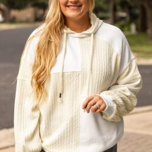 Beige Textured Patchwork Exposed Seam Plus Size Hoodie