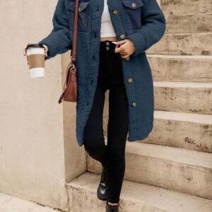 Blue Contrast Flap Pocket Single Breasted Teddy Coat