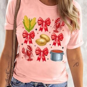 Pink Summer Food Bow Crawfish Printed T Shirt