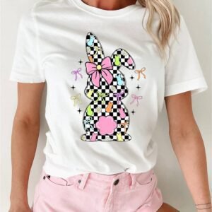 White Bowknot Checkerboard Bunny Graphic Easter T Shirt