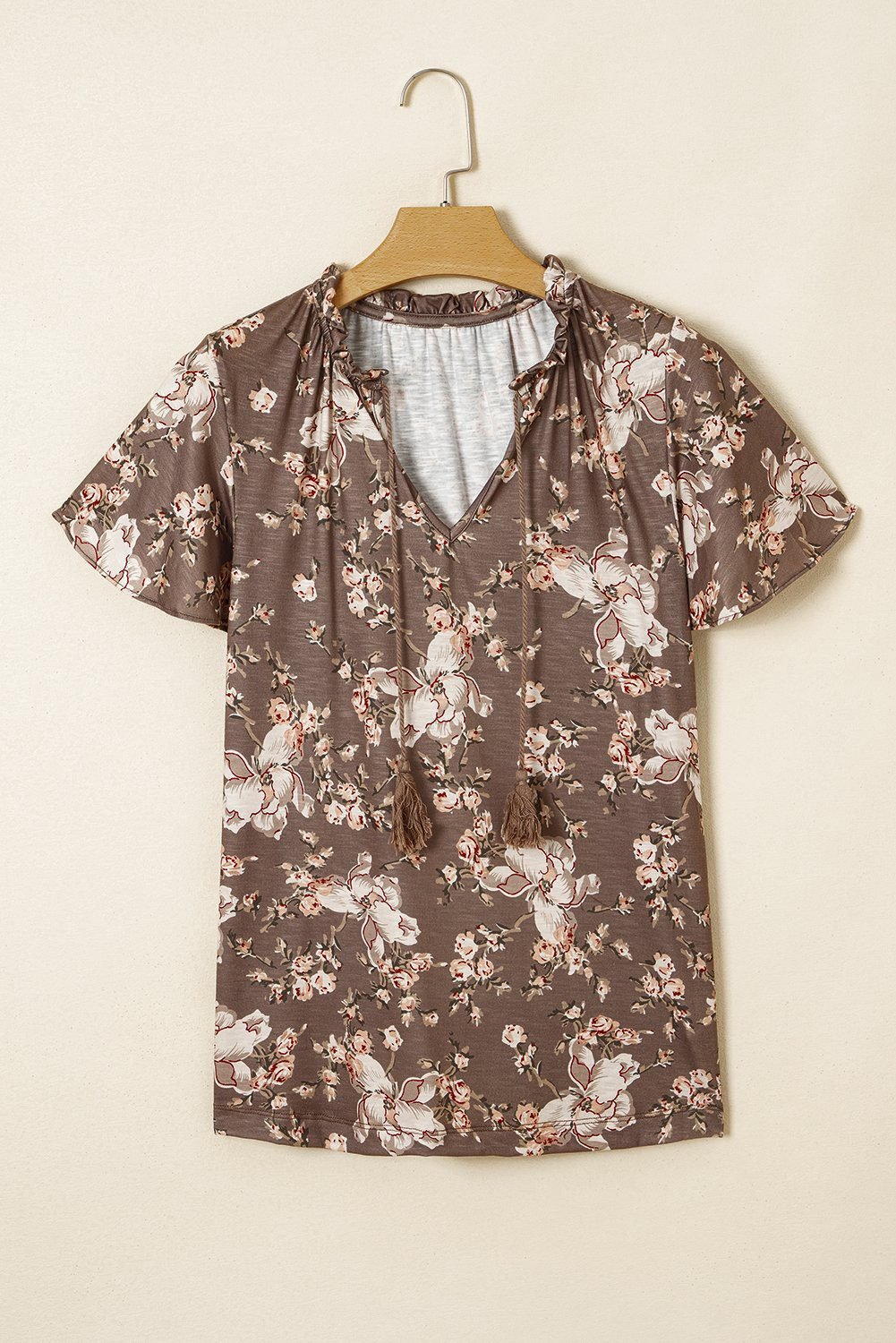 Khaki Retro Floral Print Tassel Tie Split Neck Short Sleeve Blouse