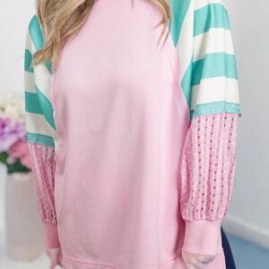 Bonbon Striped Colorblock Patchwork Raglan Pullover Top With Slits