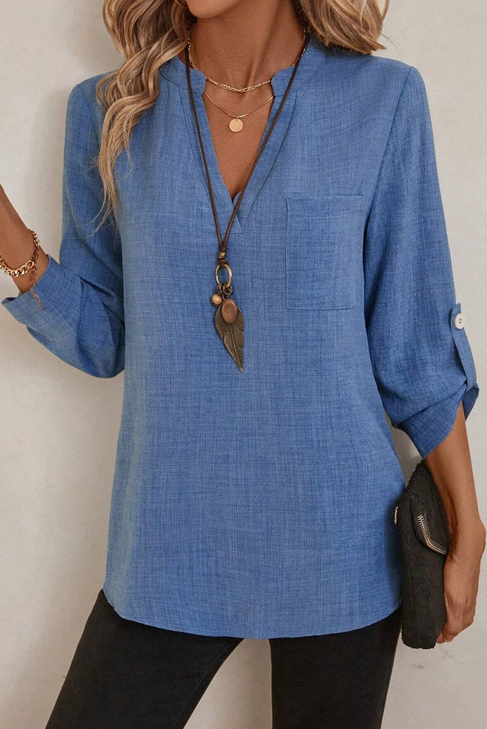 Ashleigh Blue Solid Color Notched V Neck Roll Up 3/4 Sleeve Blouse