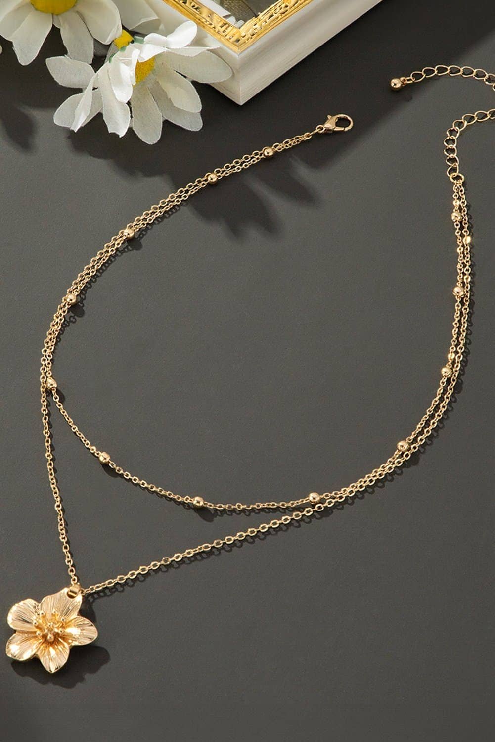 Gold Flower Pendant Beaded Double Chain Plated Necklace