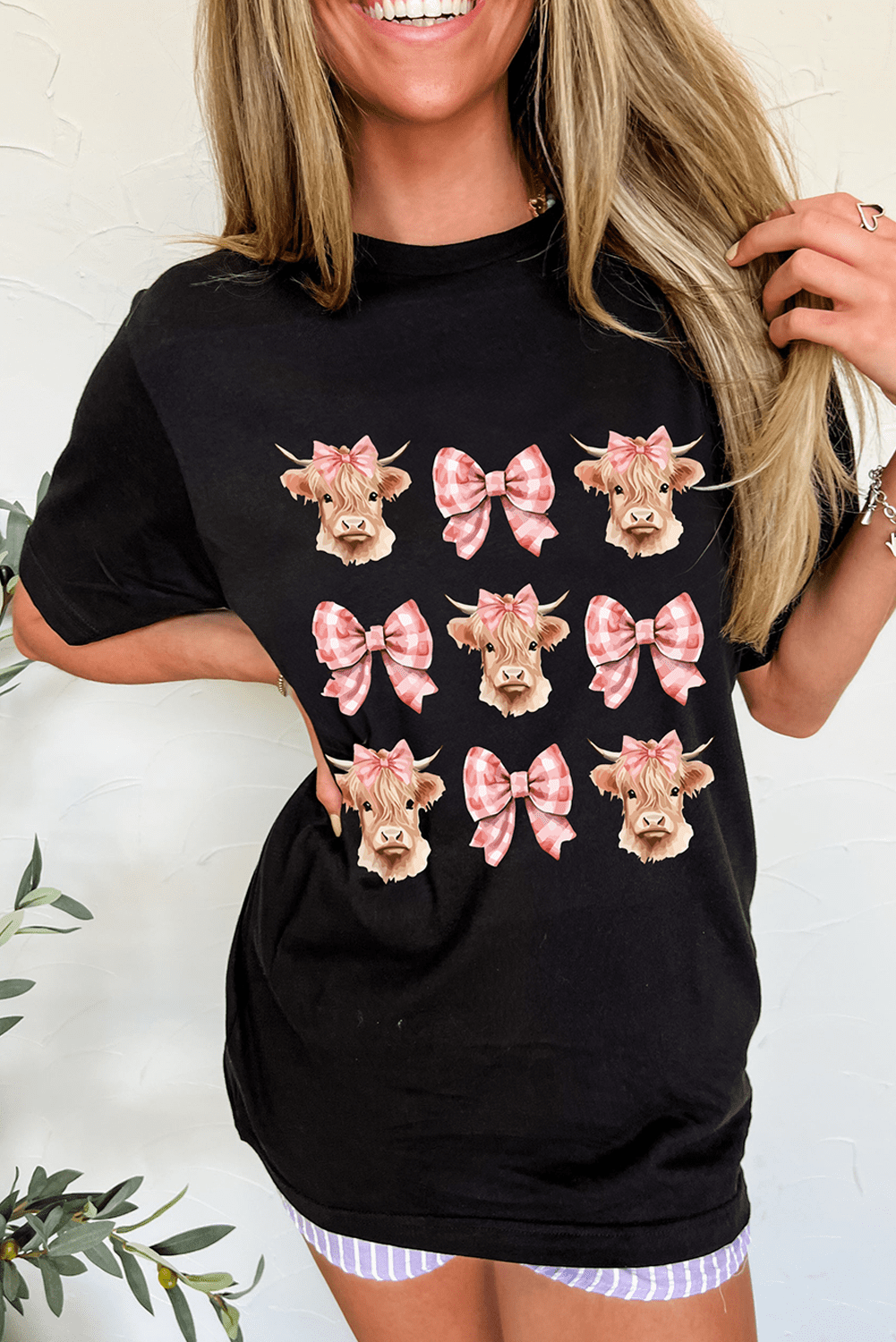 Black Cow With Bow Graphic Crewneck Western Tee