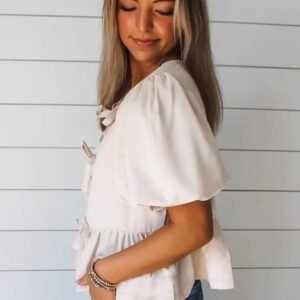 White Bow Tie Short Puff Sleeve Ruffle Hem Blouse