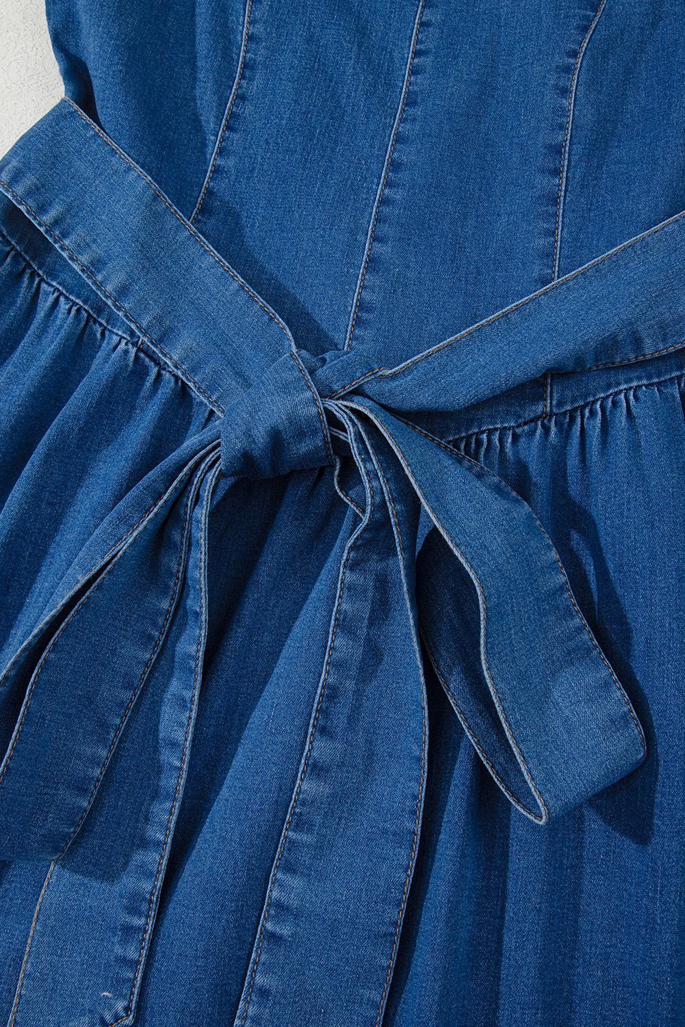 Sail Blue Square Neck Bowknot A-Line Sleeveless Denim Dress