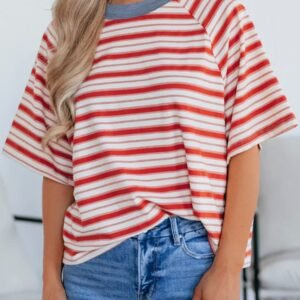 Tomato Red Stripe Print Contrast Collar Raglan Sleeve T Shirt