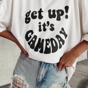 Beige Game Day Slogan Printed Half Sleeve Oversize T Shirt