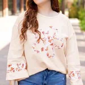 Beige Plus Size Flower Patched Side Slits Crewneck Top